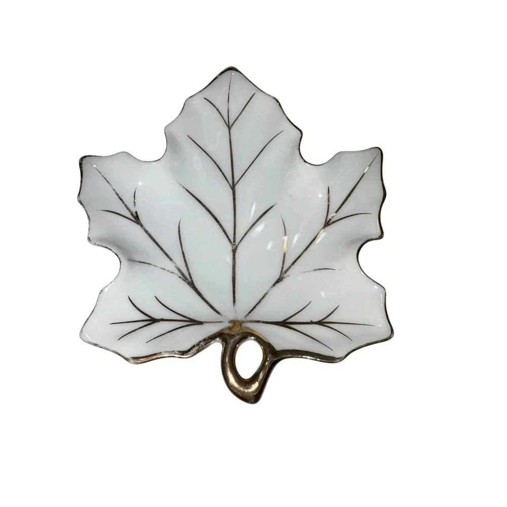 White Porcelain Maple Leaf Trinket Dish Gold Trim Gilt Japan Jewelry TrayVintage
